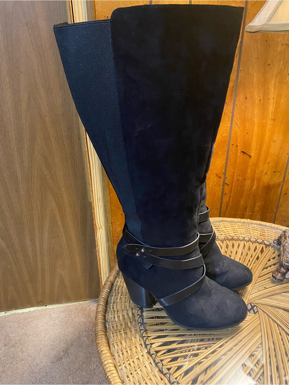 Torrid Classic Black Suede Knee-High Boots with Wrap Strap 9W